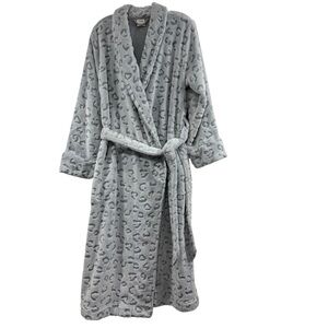 Soma Plush Blue/Gray Embossed Leopard Print Robe Belted Lounge Cozy Size L/XL